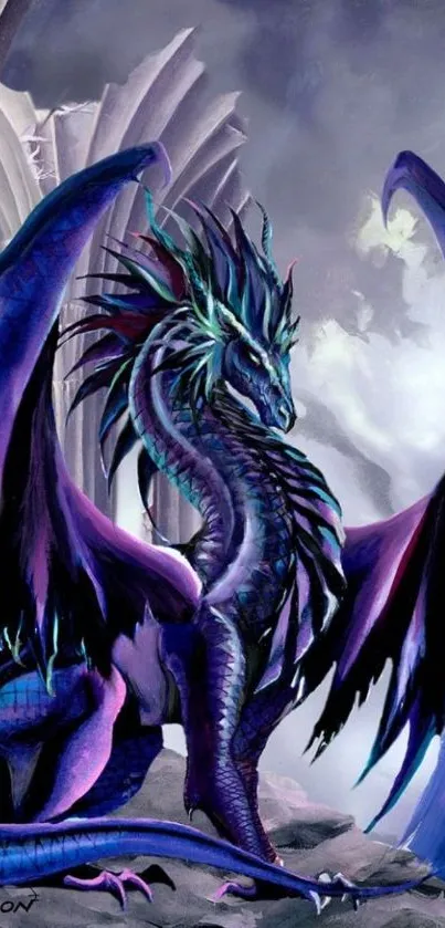 Fantasy dragon with purple and blue hues against a mystical background.