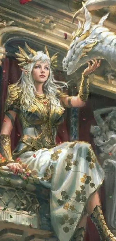 A fantasy dragon queen in golden armor with a mystical dragon.