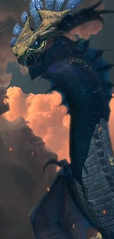 Detailed fantasy dragon amid dark clouds.