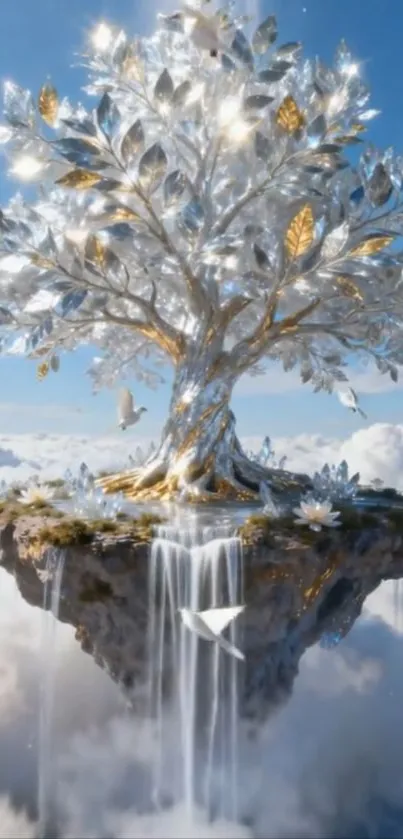 Majestic fantasy tree floating in the sky amidst clouds.