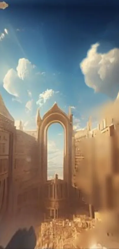 Fantasy castle gate with blue sky background.