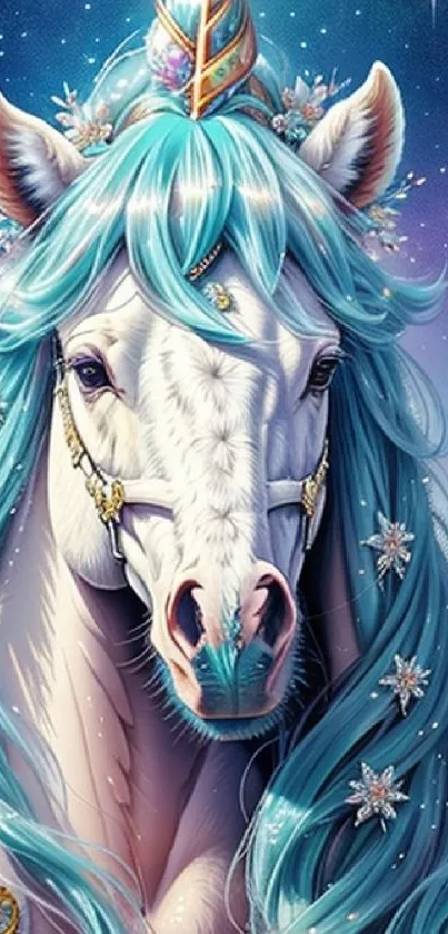 Turquoise-maned fantasy horse under starry sky.