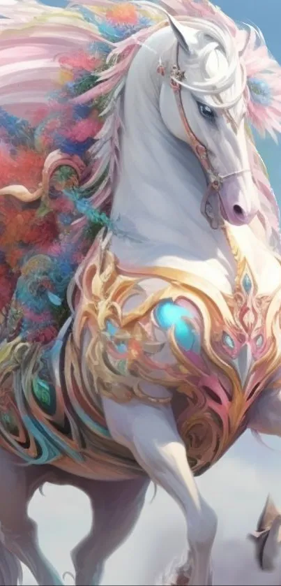 A fantastical horse with colorful mane, set in a dreamy scenery.