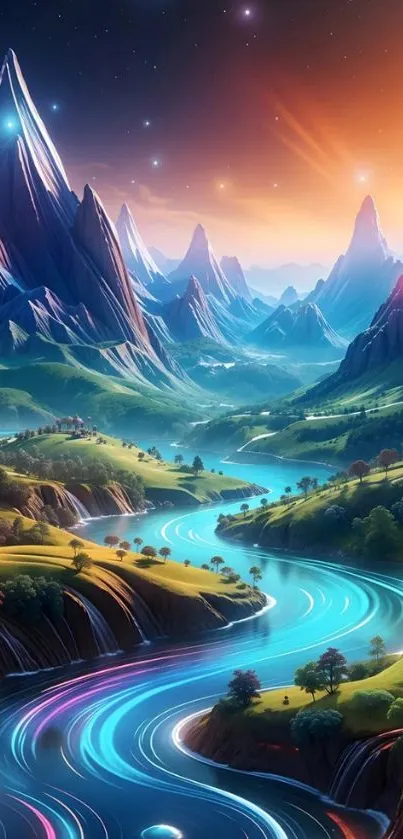 Fantasy landscape with glowing river and mountains at sunset