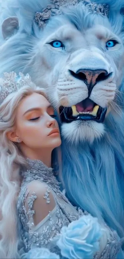 Elegant princess with a majestic lion in a fantasy scene.