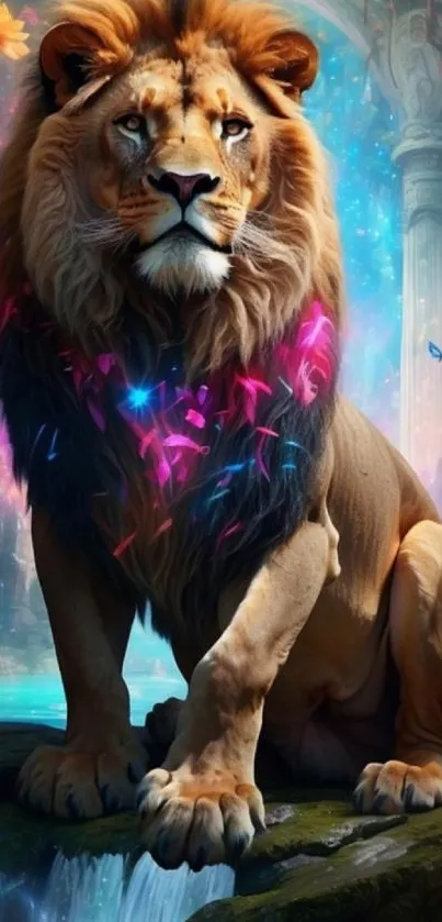 Majestic lion in a fantasy jungle with vibrant colors.