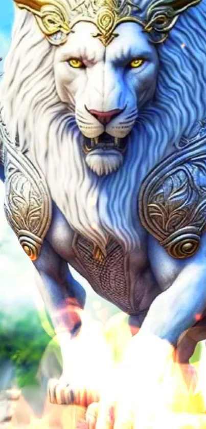 Majestic white lion with golden armor in fantasy setting.