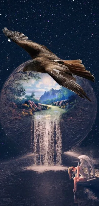 Fantasy wallpaper with eagle, waterfall, and celestial scene.