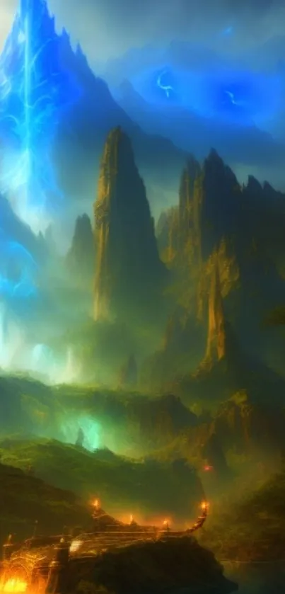 Fantasy landscape with blue mountains and glowing scenery.