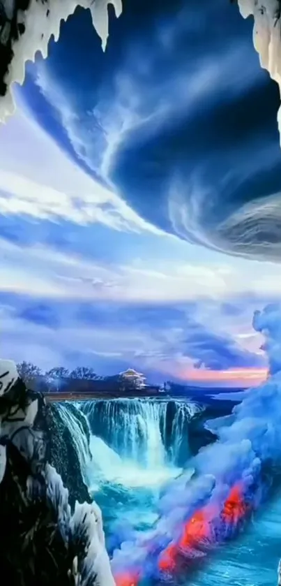 Fantasy landscape with waterfalls, sky, and river.