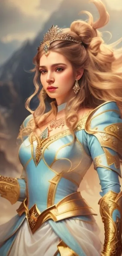 Fantasy princess in golden armor with flowing blonde hair.