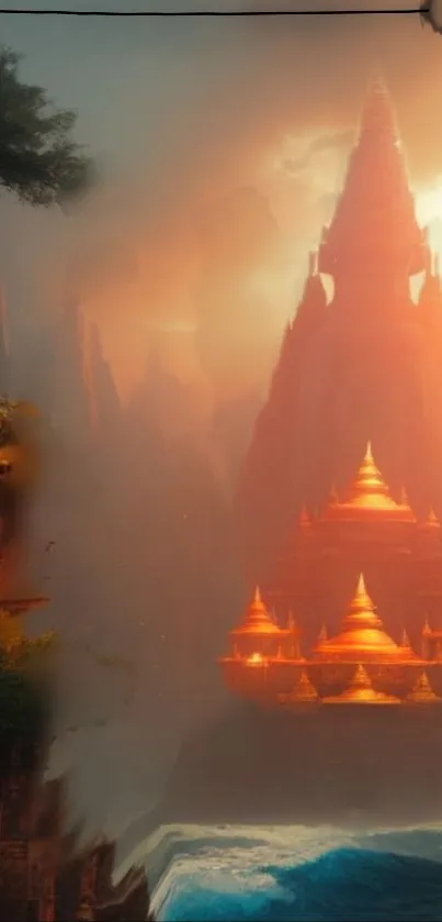 Fantasy temple wallpaper with fiery red hues and mystical landscape.