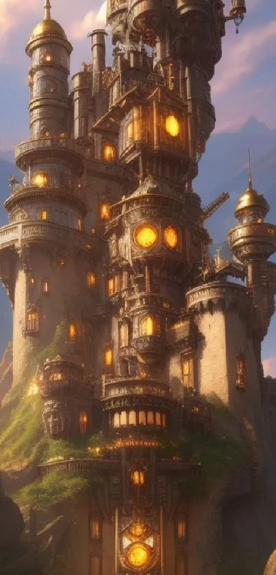 Fantasy tower with glowing windows in a mountain setting.