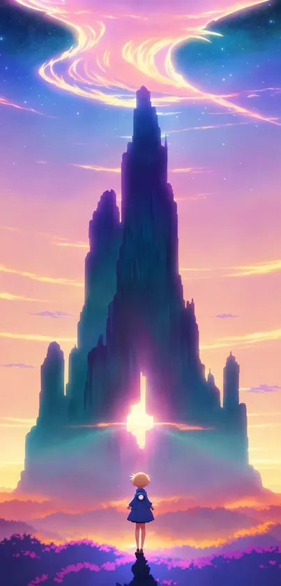 Fantasy tower silhouette at sunset with vibrant colors and mystical sky.