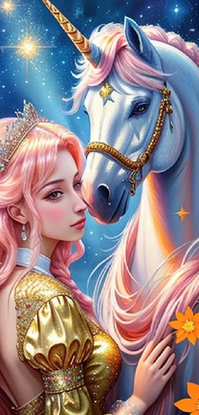 Fantasy unicorn with pink-haired princess under a starlit sky, surrounded by flowers.