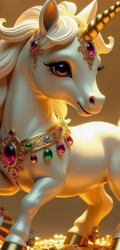 Elegant fantasy unicorn with jeweled adornments in golden light.
