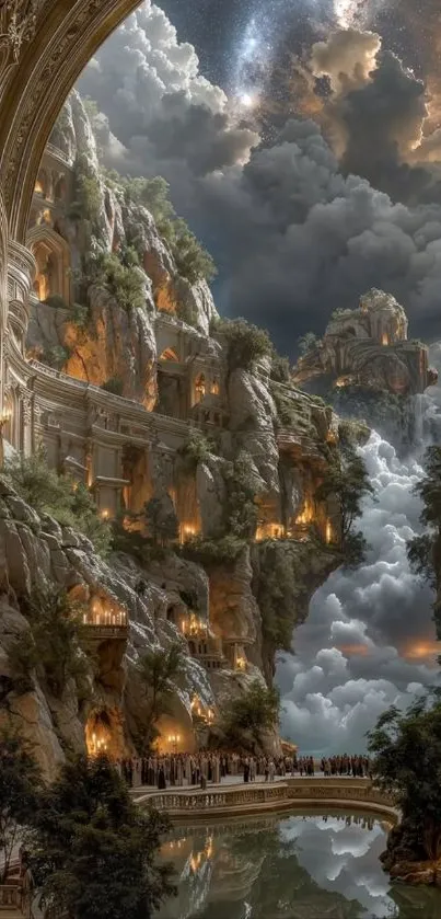Majestic fantasy landscape with waterfalls and architecture.