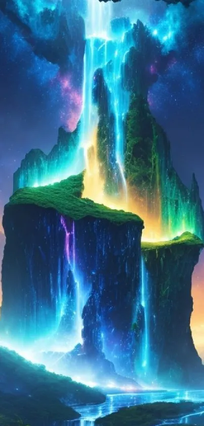 Fantasy waterfall landscape with vibrant night sky.