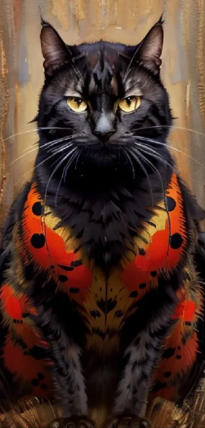 Black cat with butterfly pattern on wooden background.