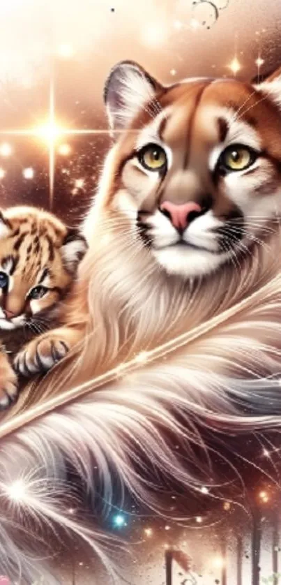 Artistic wallpaper of beautiful felines with feathers and lights.