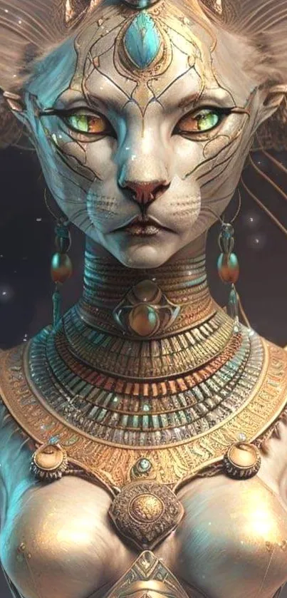 Ancient feline goddess with gold accents on mobile wallpaper.