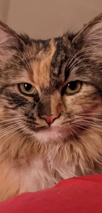 Majestic fluffy cat with striking eyes and soft fur on a red backdrop.