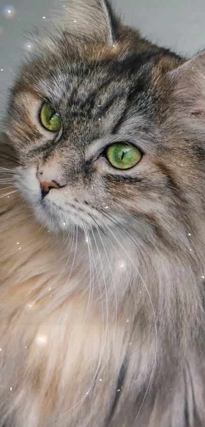 Majestic long-haired cat with green eyes on wallpaper.