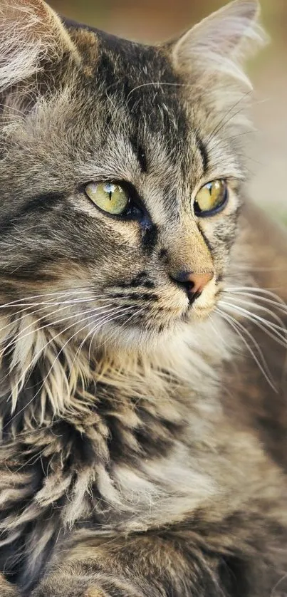 Majestic brown cat with green eyes in a serene pose.