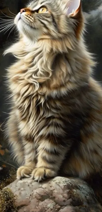 Fluffy cat perched on a rock, gazing upwards.