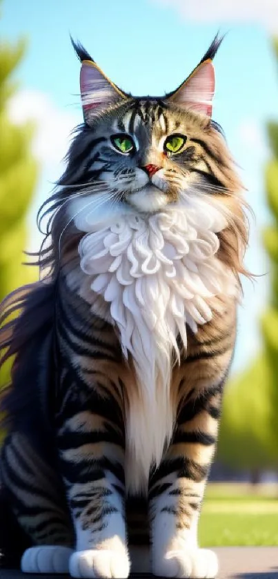 Majestic Maine Coon cat sitting outdoors with lush greenery in the background.