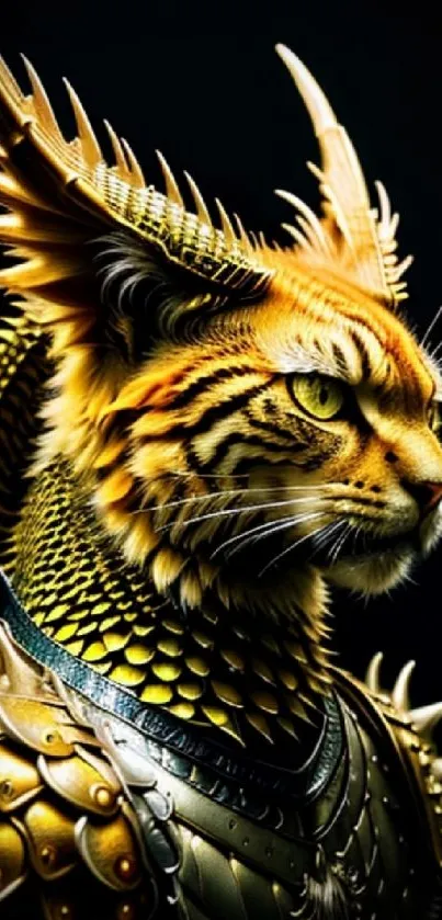 Feline warrior in golden armor with mystical features, artistic design.
