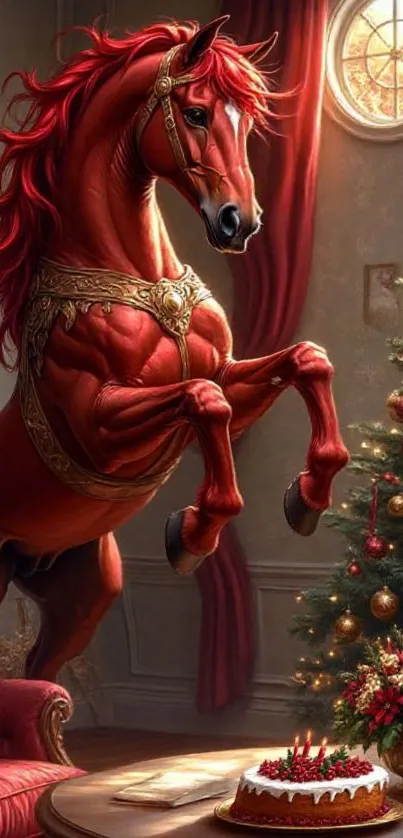 A majestic red horse near a Christmas tree and a cake in a festive room.