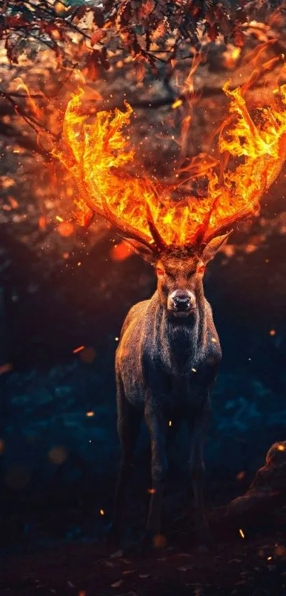 Deer with fiery antlers in a mystical forest setting.