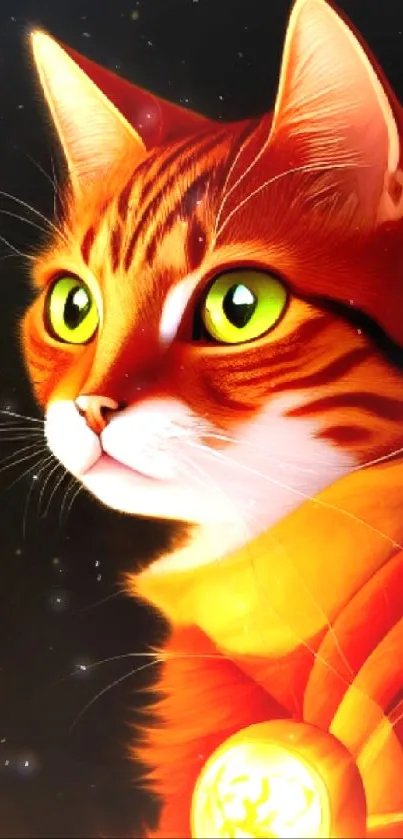 Majestic cat with glowing green eyes and fiery fur in a vibrant mobile wallpaper.