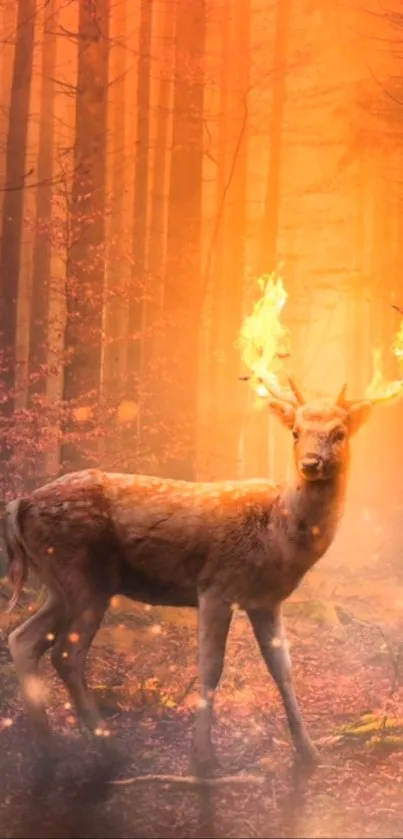 Deer with fiery antlers in a glowing forest setting.