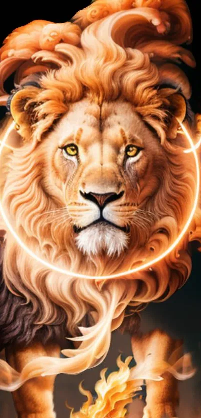 Fiery lion with a glowing mane and intense gaze, against a dark background.