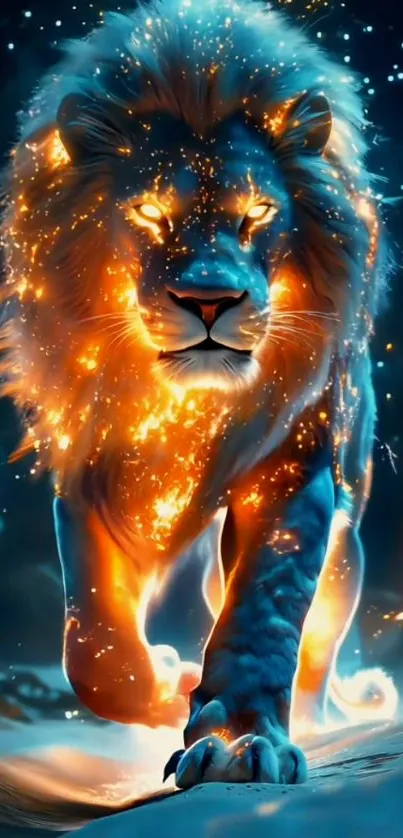 A majestic fiery lion with glowing mane in an abstract design.