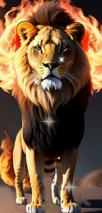 Lion with fiery mane, glowing in flames, on dark background.