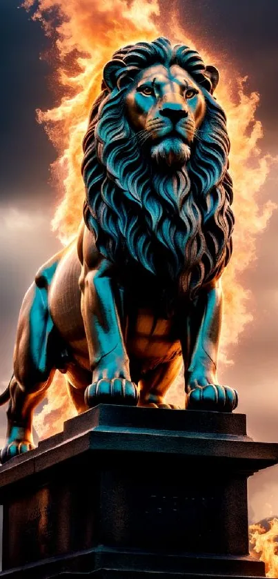 A regal lion statue with fiery flames, set against dramatic skies.