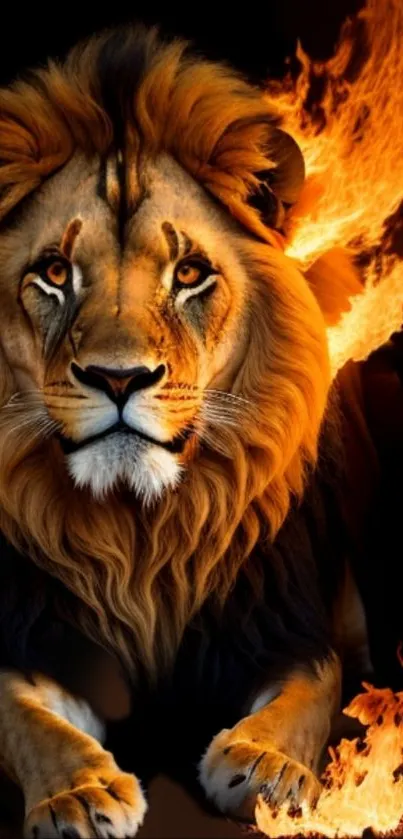 Majestic lion with a fiery mane on a mobile wallpaper.