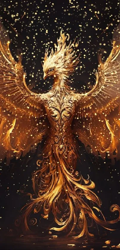 Fiery phoenix with bright flames and majestic wings on a dark background.