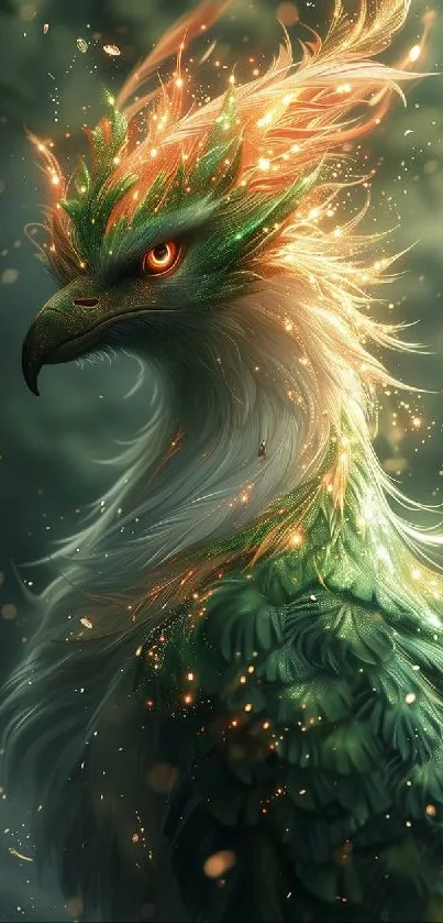 Majestic phoenix with fiery crest, vibrant green and orange feathers.