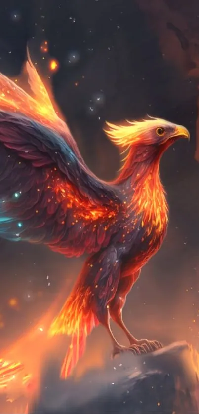 Illustration of a fiery phoenix, glowing with vibrant, orange flames.