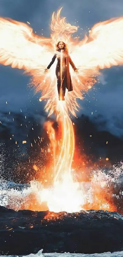 Fiery phoenix rising with glowing wings on a dramatic background.