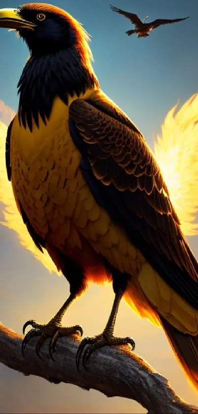 Majestic eagle with fiery wings perched on a branch against a stunning sky.