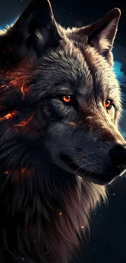 Fiery-eyed wolf in dramatic digital artwork background.