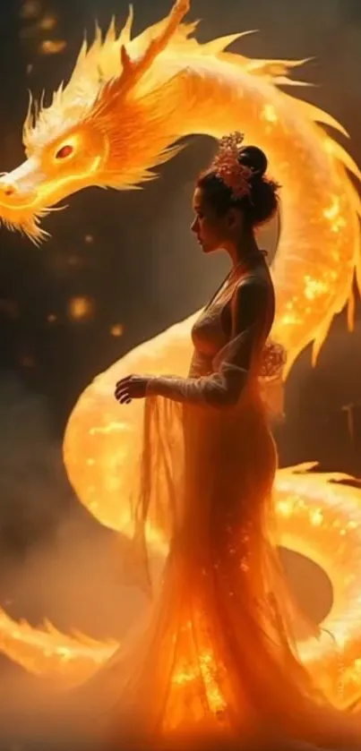 A woman silhouetted against a fiery dragon in a fantasy art scene.