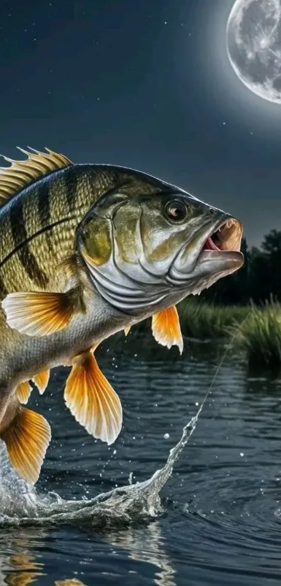 Fish jumping under the moonlit night sky over a serene lake.