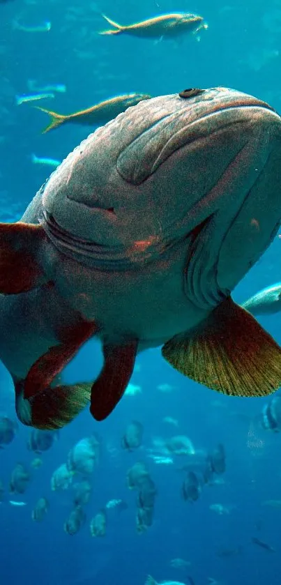 Large fish swimming underwater in a blue ocean scene.