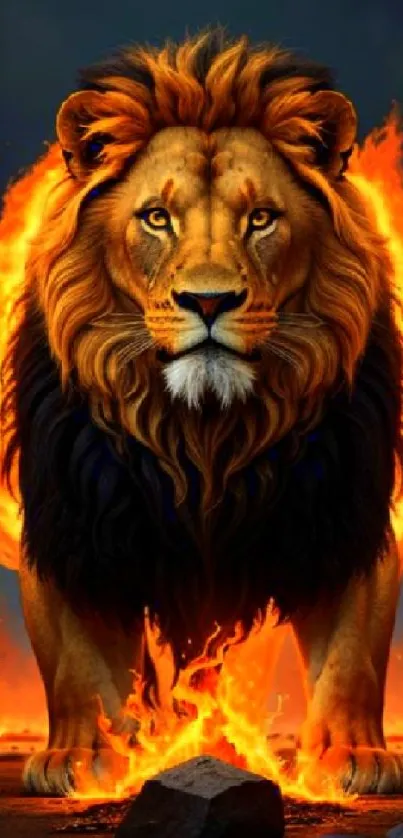 Fiery lion with a mane of flames set against a dark background.